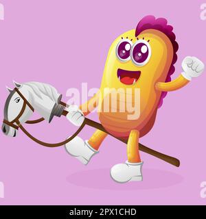 Cute yellow monster playing with toy horse. Perfect for kids, small business or e-Commerce, merchandise and sticker, banner promotion, blog or vlog ch Stock Vector