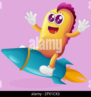 Cute yellow monster flying on rocket. Perfect for kids, small business or e-Commerce, merchandise and sticker, banner promotion, blog or vlog channel Stock Vector