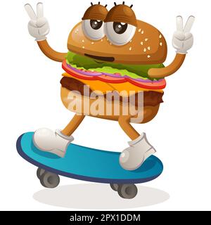 Cute burger mascot design playing skateboard, skateboarding. Burger cartoon mascot character design. Delicious food with cheese, vegetables and meat. Stock Vector