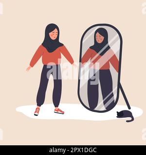 Eating disorder. Slim arabian woman looking herself fat in mirror and feel insecure human. Rejection of yourself. Bulimia or anorexia. Girl with Stock Vector
