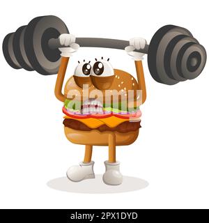 Cute burger mascot design bodybuilding with barbell flexing muscles. Burger cartoon mascot character design. Delicious food with cheese, vegetables an Stock Vector