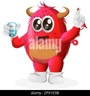 Cute red monster holding a blood glucose meter. Perfect for kids, small business or e-Commerce, merchandise and sticker, banner promotion, blog or vlo Stock Vector