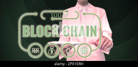 Text sign showing Block Chain, Word for system in which a record of transactions made in bitcoin Stock Photo