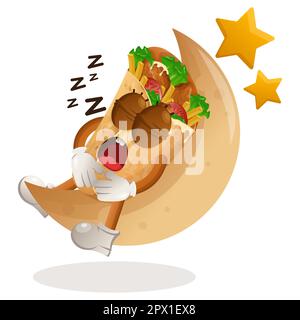 Cute burrito mascot sleeping, sleeping on the moon. Perfect for food store, small business or e-Commerce, merchandise and sticker, banner promotion, f Stock Vector