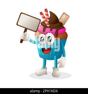 Cute cupcake mascot holding billboards for sale, sign board. Perfect for food store, small business or e-Commerce, merchandise and sticker, banner pro Stock Vector
