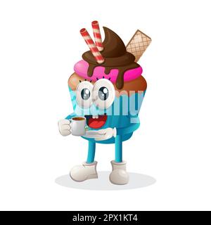 Cute cupcake mascot drinking tea, tea time. Perfect for food store, small business or e-Commerce, merchandise and sticker, banner promotion, food revi Stock Vector