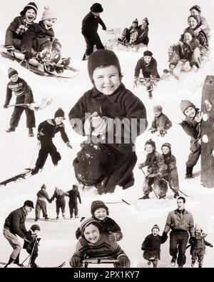 1930s KIDS AND PARENTS FAMILY WINTER SNOW FUN PLAY MONTAGE - m6250 HAR001 HARS NOSTALGIA BROTHER OLD FASHION SISTER JUVENILE YOUNG ADULT MONTAGE TEAMWORK PLEASED FAMILIES JOY LIFESTYLE FEMALES BROTHERS RURAL HEALTHINESS SLEDDING HOME LIFE FRIENDSHIP FULL-LENGTH HALF-LENGTH LADIES PERSONS MALES SIBLINGS CONFIDENCE SISTERS FATHERS B&W WINTERTIME EYE CONTACT SUCCESS HAPPINESS WELLNESS HEAD AND SHOULDERS CHEERFUL ADVENTURE AND DADS EXCITEMENT RECREATION OPPORTUNITY SIBLING SMILES CONNECTION CONCEPTUAL JOYFUL STYLISH WINTERY GROWTH JUVENILES MOMS RELAXATION SNOWBALL FIGHT TOGETHERNESS Stock Photo