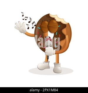 Cute donut mascot singing, sing a song. Perfect for food store, small business or e-Commerce, merchandise and sticker, banner promotion, food review b Stock Vector