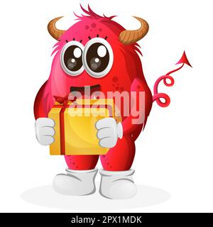 Cute red monster holding gift box. Perfect for kids, small business or e-Commerce, merchandise and sticker, banner promotion, blog or vlog channel Stock Vector