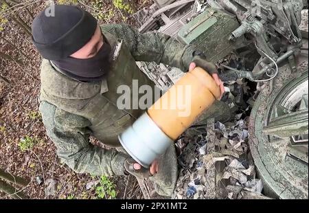 Uknown Location, Ukraine. 01st May, 2023. Russian soldiers from the Southern MD T-72B3 tank crews launch the strikes on Ukrainian targets, from Unknown location on May 1, 2023. Photo by Russian Defence Ministry/UPI Credit: UPI/Alamy Live News Stock Photo