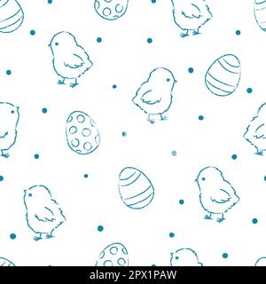 Seamless Easter pattern with cute sketch chickens and patterned eggs. Stock Vector