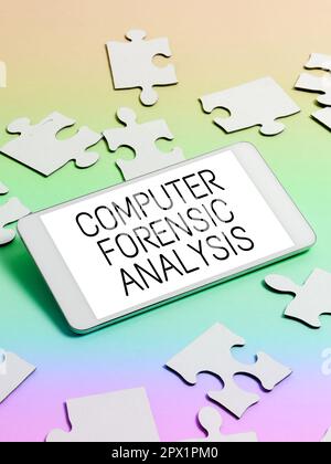Conceptual caption Computer Forensic Analysis, Word Written on evidence found in computers and storage media Stock Photo