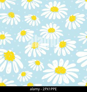 Seamless daisy pattern. Vector background with white chamomiles on blue. Stock Vector