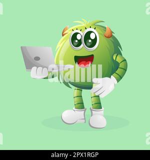 Cute green monster working using a laptop. Perfect for kids, small business or e-Commerce, merchandise and sticker, banner promotion, blog or vlog cha Stock Vector