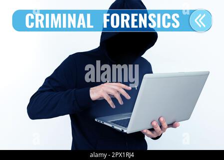 Text caption presenting Criminal Forensics, Concept meaning Federal Offense actions Illegal Activities punishable by Law Stock Photo