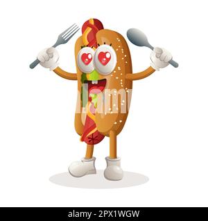 Cute hotdog mascot holding spoon and fork. Perfect for food store, small business or e-Commerce, merchandise and sticker, banner promotion, food revie Stock Vector