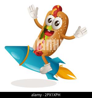 Cute hotdog mascot flying on rocket. Perfect for food store, small business or e-Commerce, merchandise and sticker, banner promotion, food review blog Stock Vector