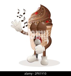 Cute ice cream mascot singing, sing a song. Perfect for food store, small business or e-Commerce, merchandise and sticker, banner promotion Stock Vector