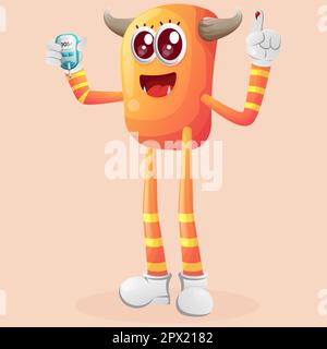 Cute orange monster holding a blood glucose meter. Perfect for kids, small business or e-Commerce, merchandise and sticker, banner promotion Stock Vector