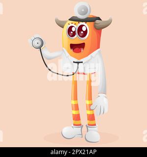 Cute orange monster doctor holding stethoscope. Perfect for kids, small business or e-Commerce, merchandise and sticker, banner promotion Stock Vector