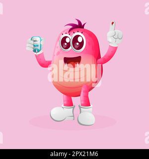 Cute pink monster holding a blood glucose meter. Perfect for kids, small business or e-Commerce, merchandise and sticker, banner promotion Stock Vector