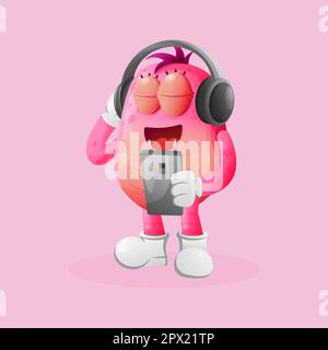 Cute pink monster listening music on a smartphone using a headphone. Perfect for kids, small business or e-Commerce, merchandise and sticker Stock Vector