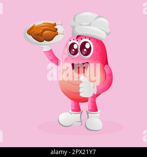 Cute pink monster, chef serving food. Perfect for kids, small business or e-Commerce, merchandise and sticker, banner promotion, blog or vlog channel Stock Vector