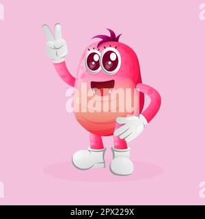 Cute pink monster with peace hand. Perfect for kids, small business or e-Commerce, merchandise and sticker, banner promotion, blog or vlog channel Stock Vector