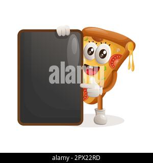 Cute pizza mascot holding menu black Board, menu board, sign board. Perfect for food store, small business or e-Commerce, merchandise and sticker Stock Vector