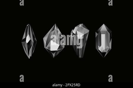 Glass shiny crystals with different shades reflecting light.A collection of images of black diamonds of various geometric shapes and sizes.Vector realistic set of glow gemstone or colorful ice. Stock Vector
