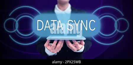 Conceptual caption Data Sync, Business idea data that is continuously generated by different sources Stock Photo
