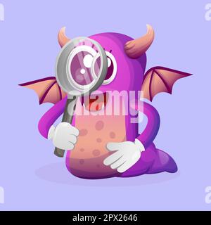 Cute purple monster conducting research, holding a magnifying glass. Perfect for kids, small business or e-Commerce, merchandise and sticker Stock Vector