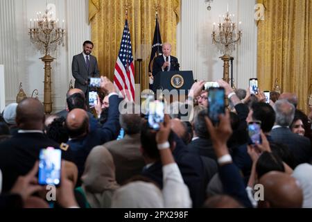 Washington, Vereinigte Staaten. 01st May, 2023. United States President Joe Biden hosts a reception celebrating Eid-al-Fitr the White House in Washington, DC, May 1, 2023. Credit: Chris Kleponis/CNP/dpa/Alamy Live News Stock Photo