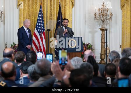 Washington, Vereinigte Staaten. 01st May, 2023. Imam Makhdoom Zia speaks during a reception celebrating Eid-al-Fitr the White House in Washington, DC, May 1, 2023. Credit: Chris Kleponis/CNP/dpa/Alamy Live News Stock Photo