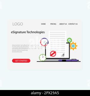 e-Signature technologies landing page, deal and smart contract. Vector illustration. Electronic sign, internet paperwork, onlone approve concept, phon Stock Vector
