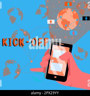 Handwriting text writing Kick Off. Concept meaning start or resumption of  football match in which player kicks ball. Stock Illustration