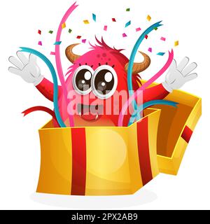 Cute red monster that appeared in the gift box, surprising. Perfect for kids, small business or e-Commerce, merchandise and sticker, banner promotion Stock Vector