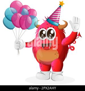Cute red monster wearing a birthday hat, holding balloons. Perfect for kids, small business or e-Commerce, merchandise and sticker, banner promotion Stock Vector