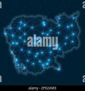 Cambodia network map. Abstract geometric map of the country. Digital connections and telecommunication design. Glowing internet network. Astonishing v Stock Vector