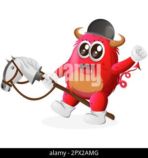Cute red monster playing with toy horse. Perfect for kids, small business or e-Commerce, merchandise and sticker, banner promotion, blog or vlog chann Stock Vector