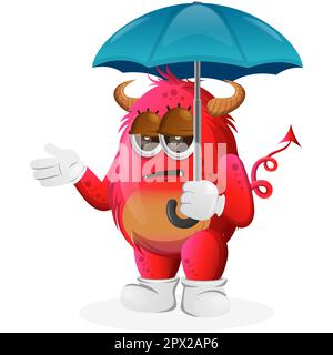 Cute red monster holding umbrella with bored expression. Perfect for kids, small business or e-Commerce, merchandise and sticker, banner promotio Stock Vector