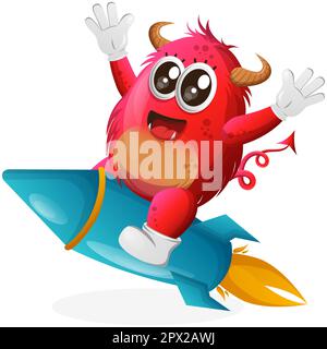 Cute red monster flying on rocket. Perfect for kids, small business or e-Commerce, merchandise and sticker, banner promotion, blog or vlog channel Stock Vector