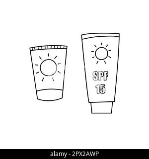 Summer sunscreen protection cream doodle line art illustrations set. SPF 15 body lotion concept. Stock Vector