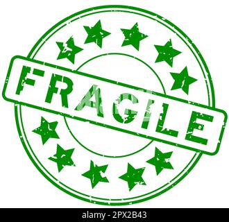 Grunge green fragile word with star icon round rubber seal stamp on white background Stock Vector