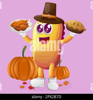 Cute yellow monster celebrate thanksgiving. Perfect for kids, small business or e-Commerce, merchandise and sticker, banner promotion, blog or vlog ch Stock Vector