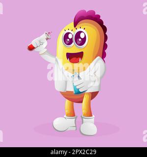Cute yellow monster scientists holding tubes. Perfect for kids, small business or e-Commerce, merchandise and sticker, banner promotion, blog or vlog Stock Vector
