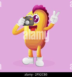 Cute yellow monster taking photo with camera. Perfect for kids, small business or e-Commerce, merchandise and sticker, banner promotion, blog or vlog Stock Vector