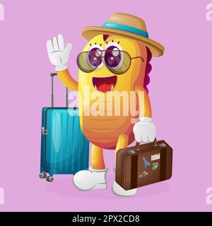 Cute yellow monster on vacation carrying a suitcase. Perfect for kids, small business or e-Commerce, merchandise and sticker, banner promotion, blog o Stock Vector