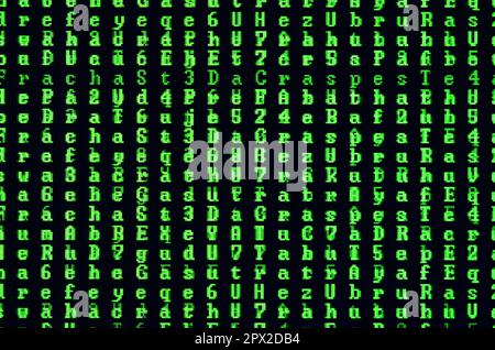 Macro shot of a glitch on the monitor of an office computer. The concept of introducing a virus into a personal data keeper. Stream of random green sy Stock Photo