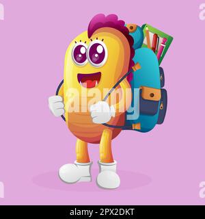 Cute yellow monster carrying a schoolbag, backpack, back to school. Perfect for kids, small business or e-Commerce, merchandise and sticker, banner pr Stock Vector